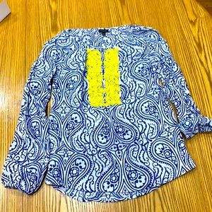 Unique Talbot Blouse, yellow beaded blue & white top, excellent Spring top!